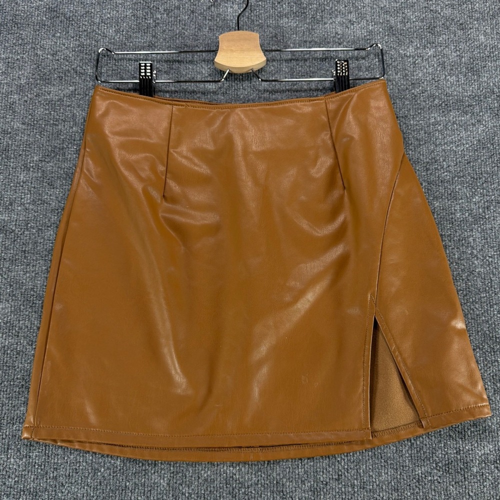 Rewash Womens Cognac Brown Faux‎ Leather Mini Skirt Side Slit Size M